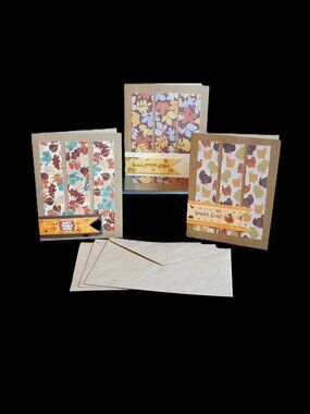 3 Thanksgiving Handmade Greeting Cards 5 x 6.5 Stripe Tags with Fall Leaves